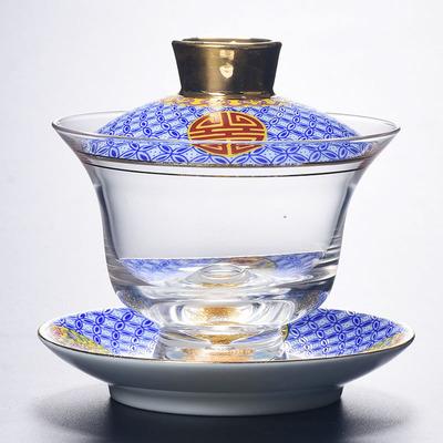 Enamel Colored Glass Gaiwan Puer Tea Bowls Crystal Tea Bowl Tureen Lid Bowl Lotus Hand Drawing Gaiwan for Travel Gai Wan Cup Set