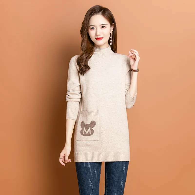 Half Turtleneck Sweater Mid-length Pullover for Women Solid-color Loose Sweater Jacquard Knitted Sweater Top