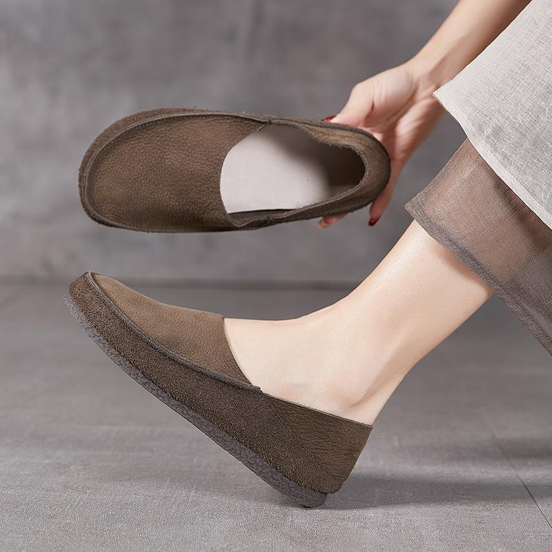 Spring and Summer Genuine Leather Single-shoe Women's Soft-soled Retro Round-toe Thick Cowhide One-foot Driving Lazy Shoes