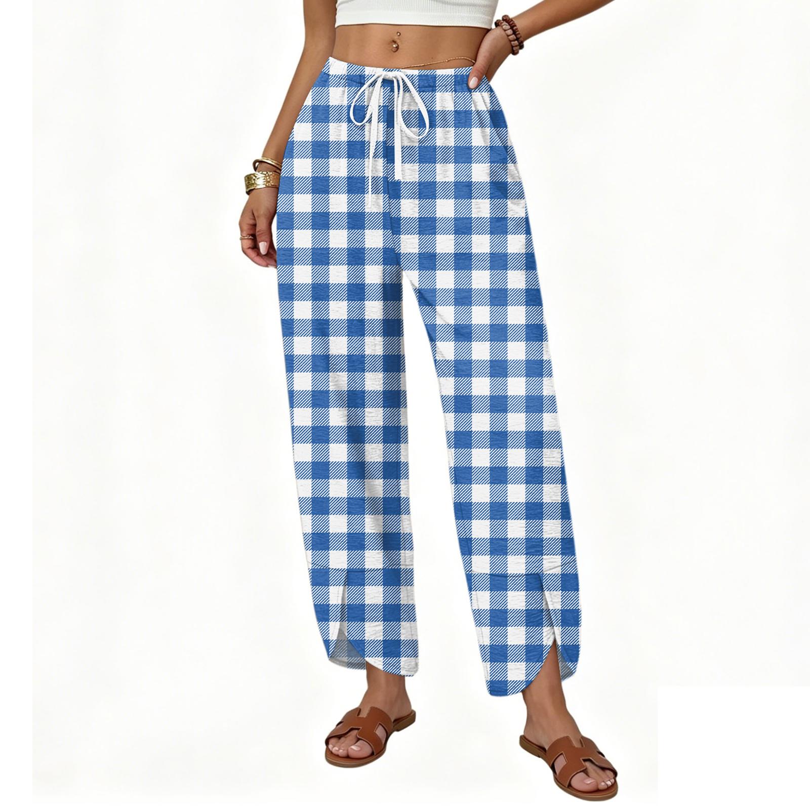 

Women’s Loose Fit Drawstring Waist Plaid Print Casual Wide Leg Pants with Pockets for Daily Wear S синий