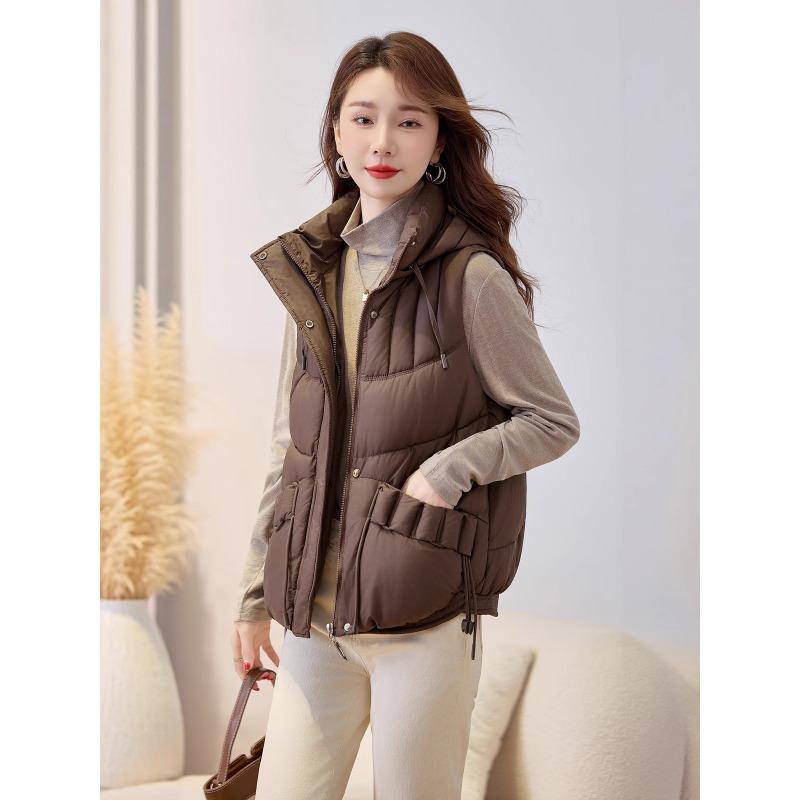 Nueva camiseta interior ligera sin mangas para mujer de otoño e invierno con capucha, color sólido, gruesa, cálida, deportiva, casual, holgada, chaqueta ligera