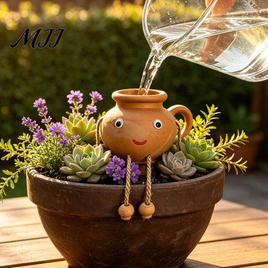 Indoor Garden Plant Care Accessories Terracotta Watering Spike, Cute Face Self Insert for Potted Cartoon Globes Plants, Decorative Clay Automatic