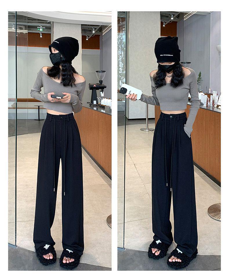 Women's Gray High-Waisted Wide-Leg Sweatpants, Slimming Loose Fit, Floor-Length, Thin Summer Style, Straight-Leg.