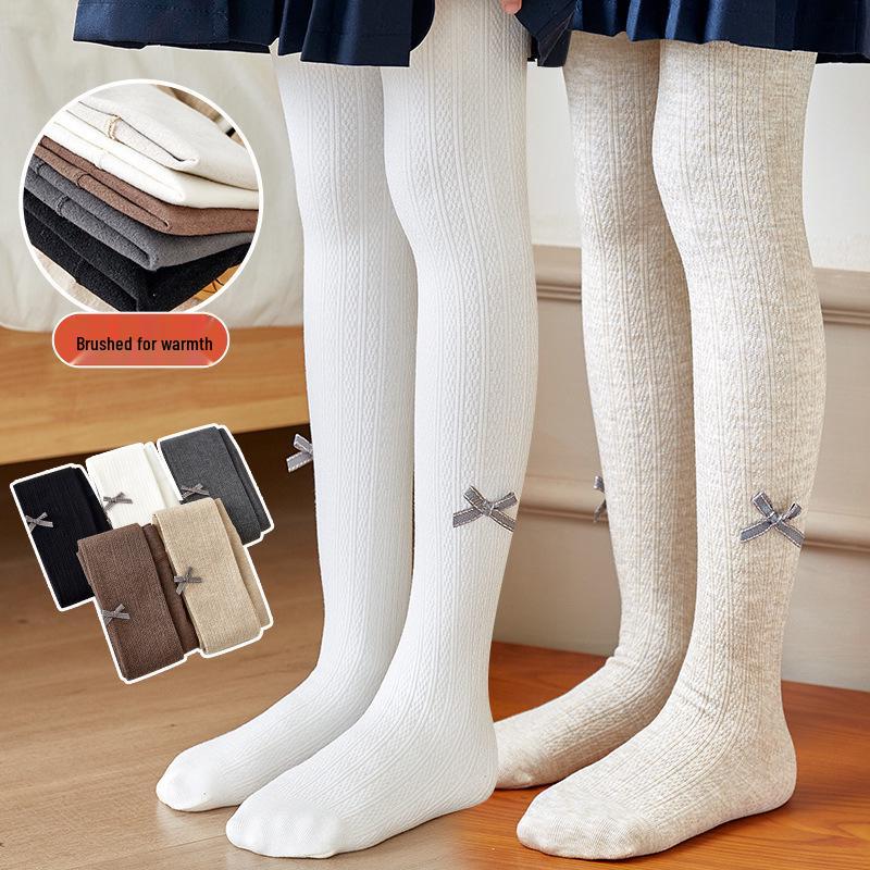 Kids' Winter Plus Velvet Thickened Knit Tights with Bow - Combed Cotton Cable Knit