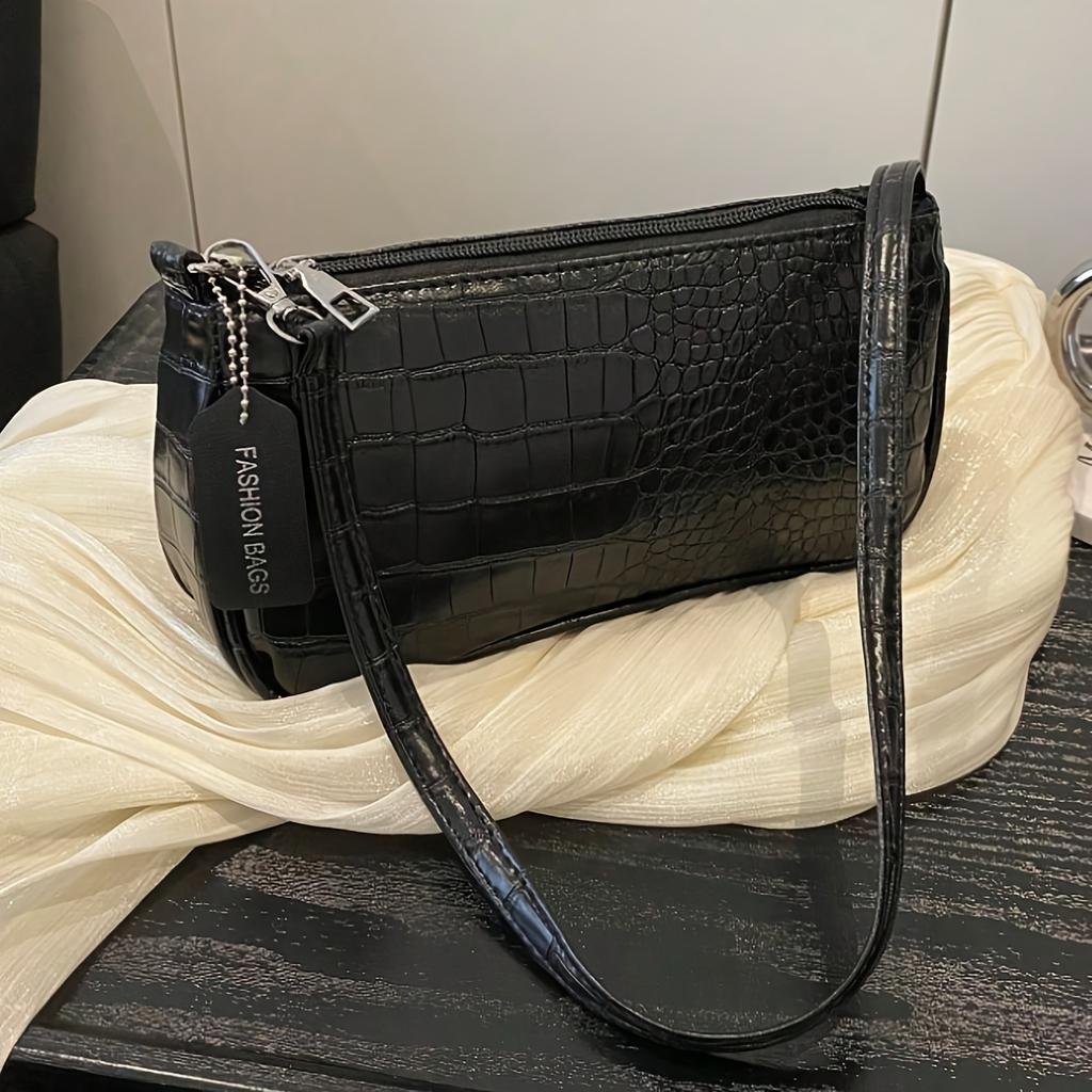 Women's shoulder bag, crocodile-embossed design, Korean style women's underarm tote bag, simple and casual crescent-shaped bag.
