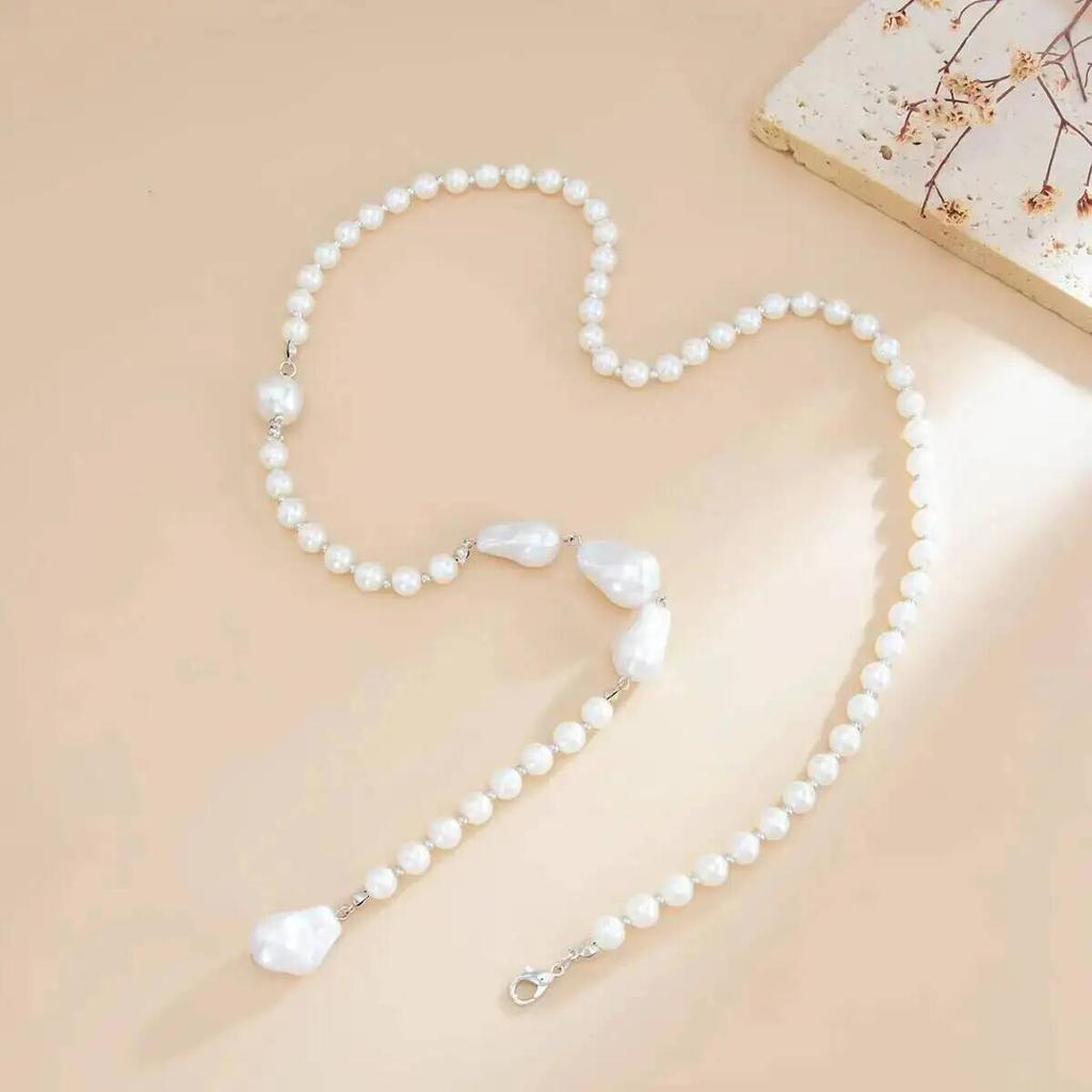 IngeSight.Z Elegant Baroque Imitation Pearl Beaded Back Chain Clavicle Exquisite Tassel Long Necklace Wed Bridal Neck Jewelry