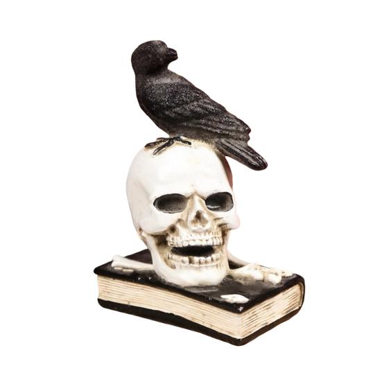 Retro Desktop Landscaping Mystical Raven on Skull Statue, Gothic Crow Perching Figurine Vintage Style Statue with Book, Spooky Halloween Resin