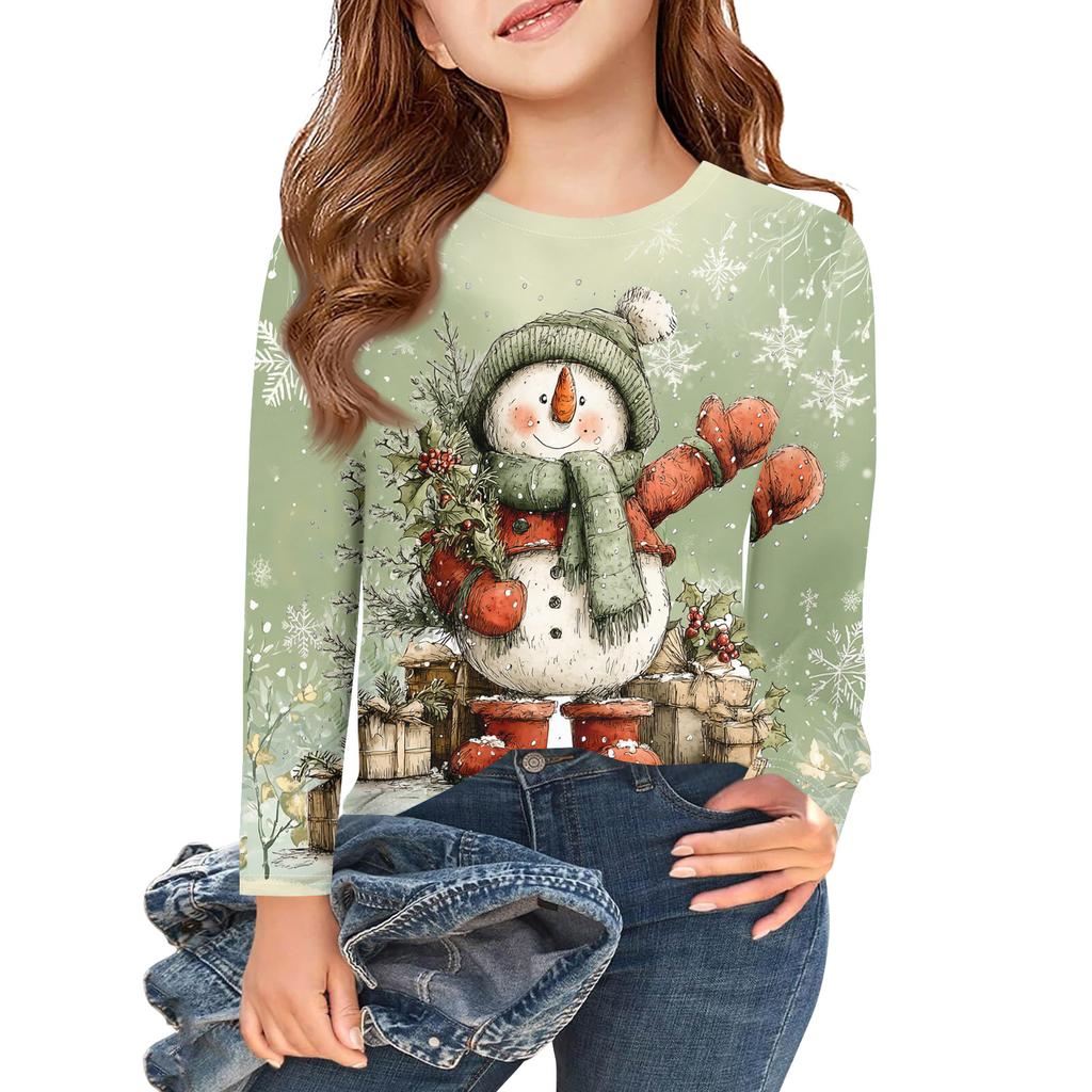 Christmas Day Girls Long Sleeve T Shirts Kids Fall Tops Crewneck Printed Basic Tees