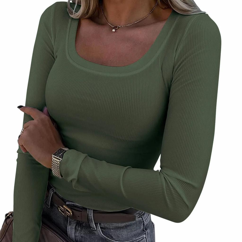 Womens Long Sleeve Scoop Neck Ribbed Knit Fitted Casual Tops Tee Slim Basic Shirts Sexy Casual Thermal Base Layer Top