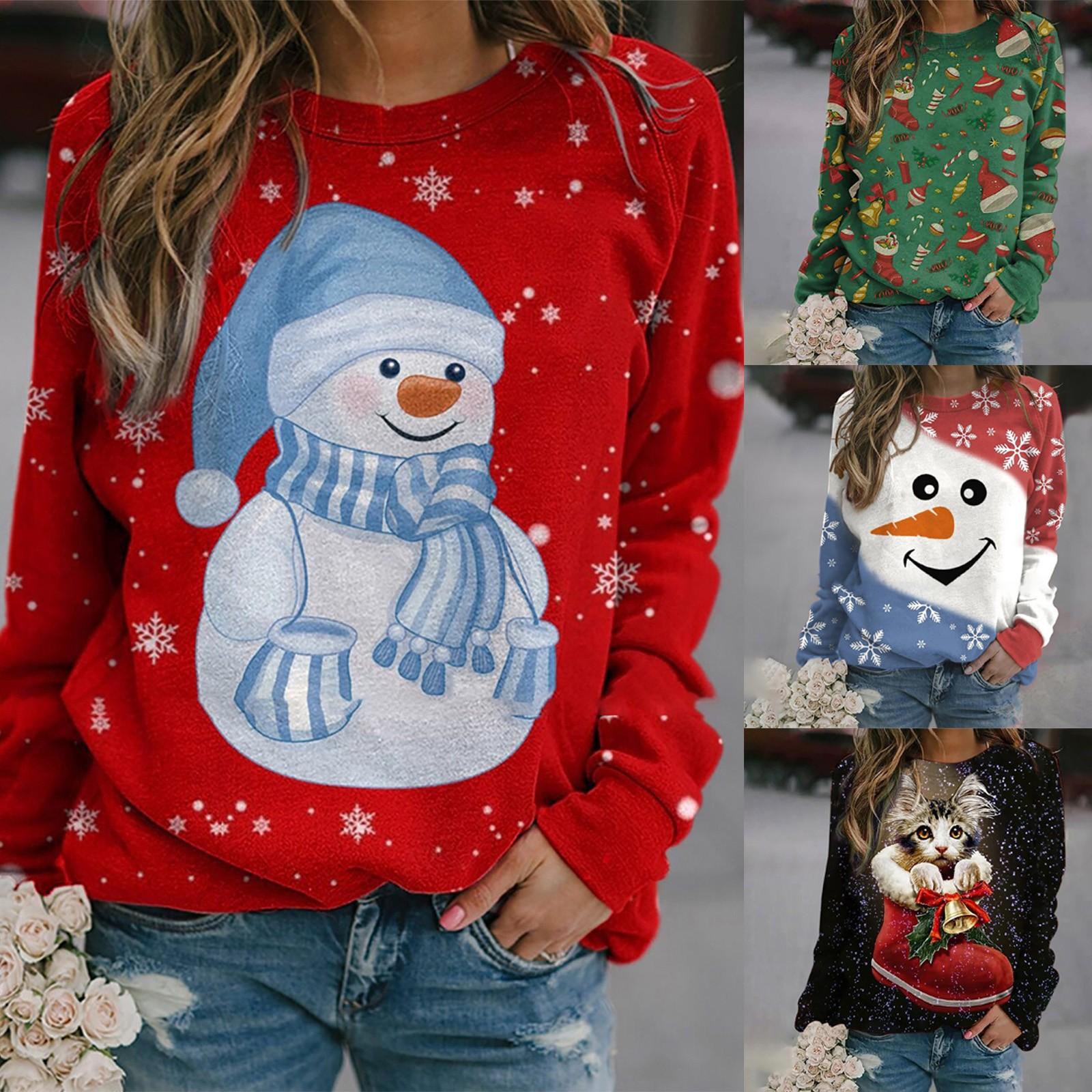 

Женская мода, повседневный рождественский принт, женский свитер с круглым вырезом, пуловер, топ