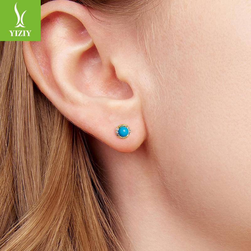 Turquoise S925 Sterling Silver Stud Earrings Elegant Court Temperament Plated 14K Gold Stud Earrings