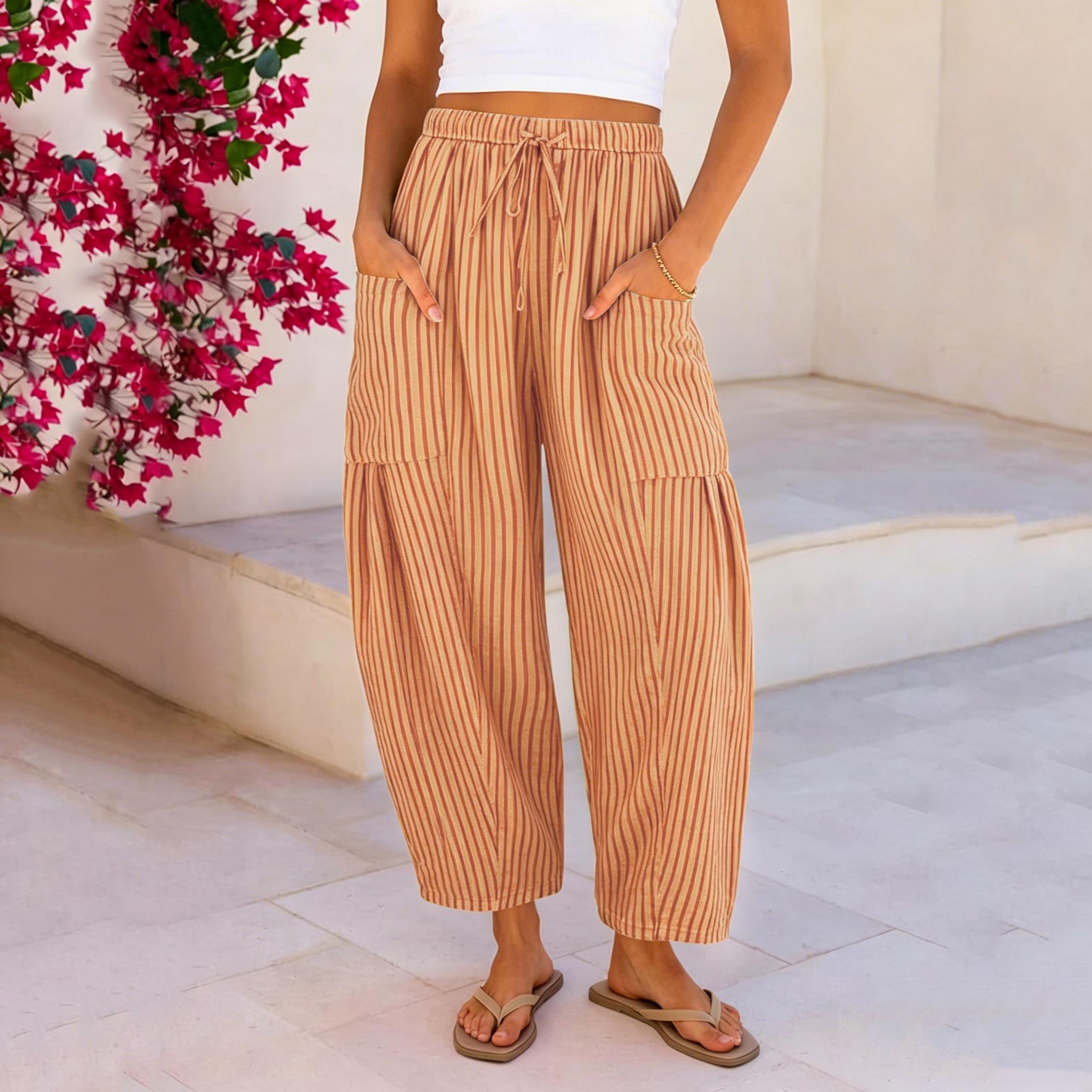 

Women’s Loose Fit Wide Leg Pants Striped Drawstring Waist Casual Lightweight Elastic Waistband Trousers with Pockets M коричневый