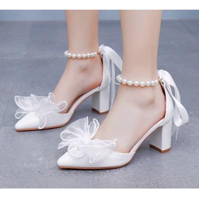 7cm Thick Pointed Sandals Beaded Ribbon White Wedding Bride High Heels Plus Size Shoes