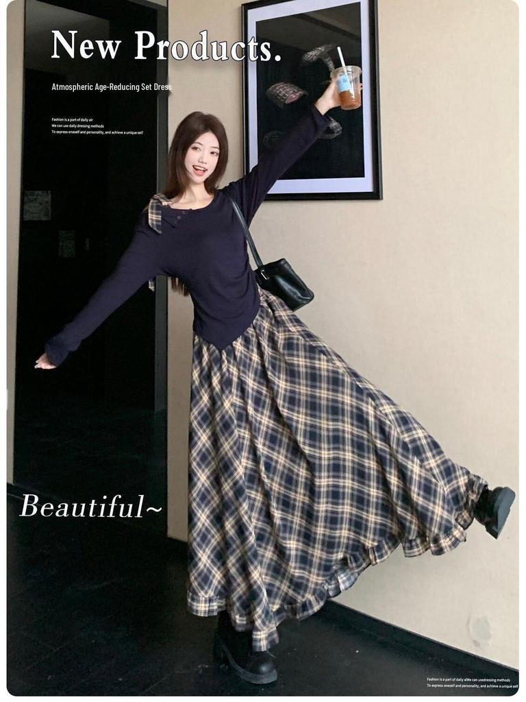 2026 Spring Fashion Women's Long Sleeve T-shirt & High Waist Plaid Skirt Set