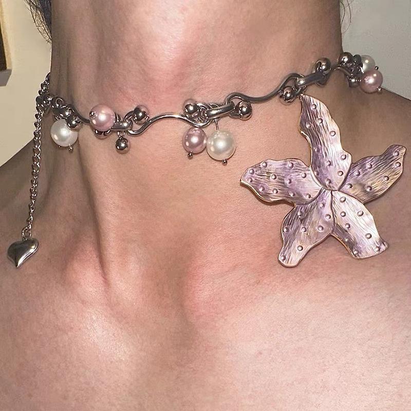 Y2K Crystal Starfish Flower Pendant Necklace for Women Cool Charm Rhinestone Pearl Clavicle Choker Harajuku Fashion Jewelry New