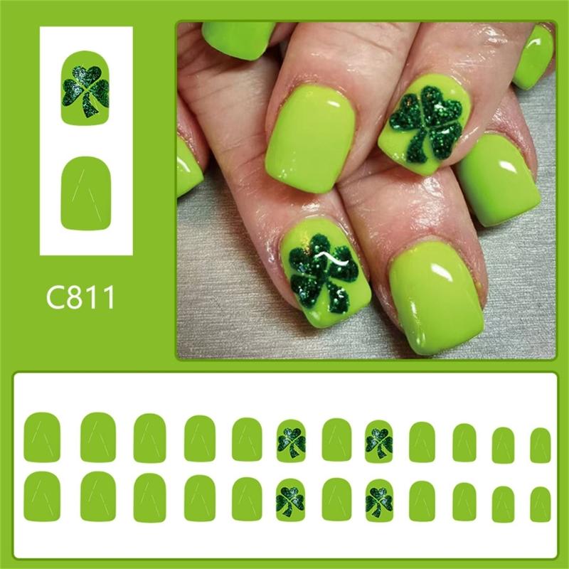 24 Pcs Short Square False Nail Glossy Stick on Nail Saint Patricks Day Press On Nail Clovers Artificial Nail