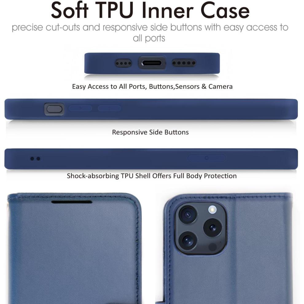 iPhone 15 Pro Max Leather Wallet Case, Flip Protective Case Cover with Wallet Card Holder, Stand and Wrist Strap PU Leather Case