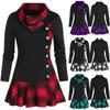 Taglie Forti Moda Donna Bottoni Collo a Cascata Manica Lunga Patchwork Stampa Pied de Poule Top