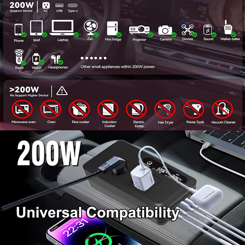 200W Multifunctional Car Inverter 12V to 220V EU Sockets USB C Port Cigarette Lighter Plug for Drivers