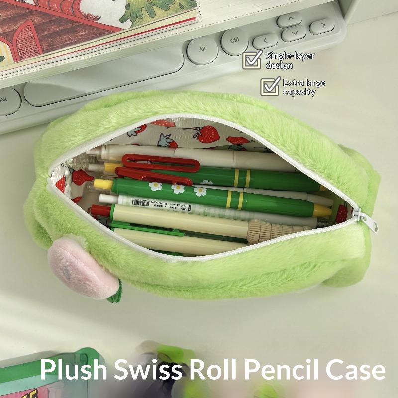 Kawaii Cake Roll Plush Pencil Case with Strawberry Pendant Large Capacity Stationery Organizer for Middle School Students