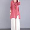 Irregular Design Women's Retro Cotton Linen Polo Collar Long Sleeve Shirt - Solid Color, Mid-Length, Spring/Summer Fashion.