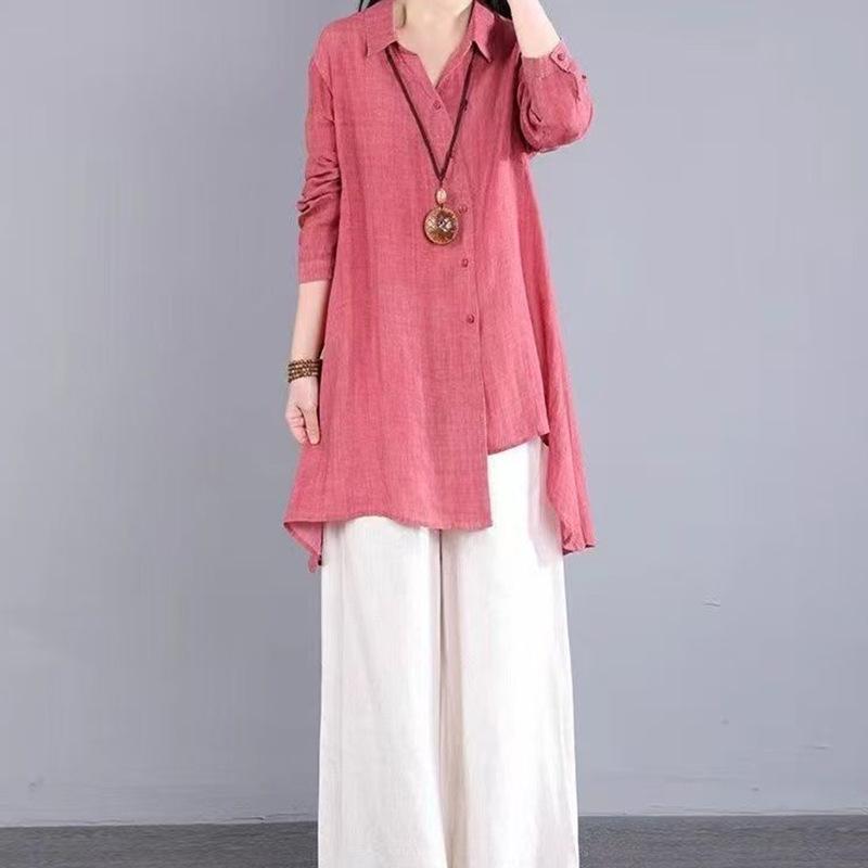 Irregular Design Women's Retro Cotton Linen Polo Collar Long Sleeve Shirt - Solid Color, Mid-Length, Spring/Summer Fashion.