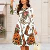 Women Plus Size Round Neck Long Sleeve Swing Dress Cowboy Skeleton Pumpkin Floral Print Halloween Casual Midi Dress