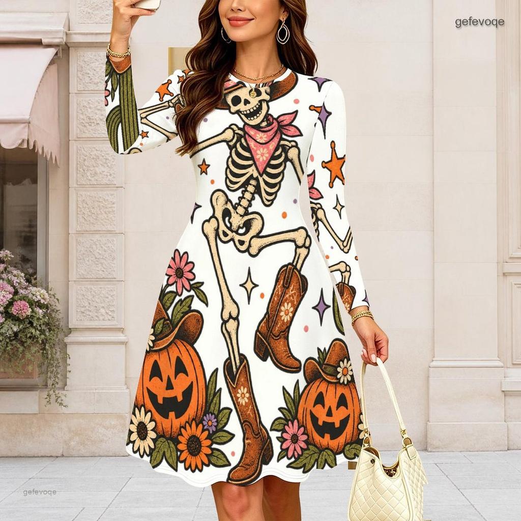 Women Plus Size Round Neck Long Sleeve Swing Dress Cowboy Skeleton Pumpkin Floral Print Halloween Casual Midi Dress