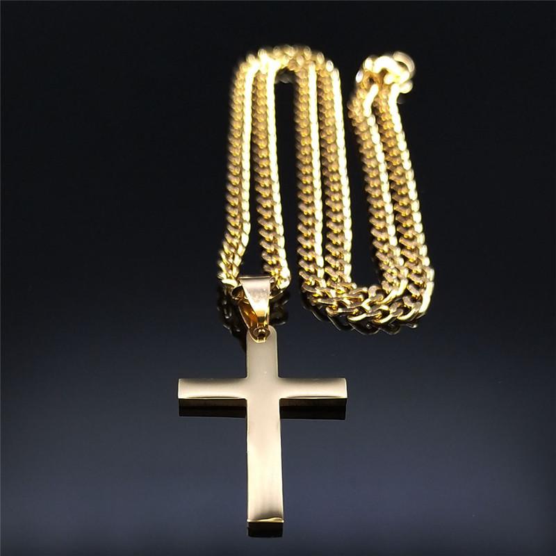 Christian Hip Hop Stainless Steel Jesus Cross Chain Necklace for Women Men Gold Color Statement Necklace Jewelry Collier Croix