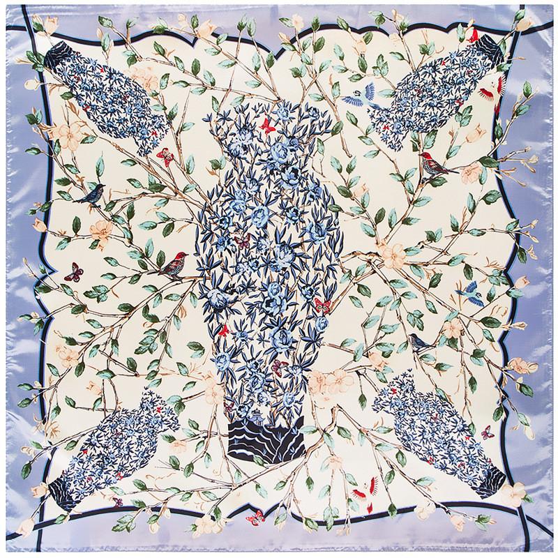 Fashion Vase & Olive Branch Scarf Women 2024 New Scarfs For Ladies Luxury Brand Hijab Silk Satin Shawl Scarfs Print Head Scarves