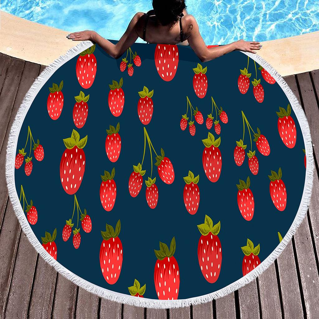Sweet Cartoon Strawberry Round Beach Towel,Polyester Sand Resistant Beach Blanket,Soft Absorbent Quick Dry Pool Towel Picnic Mat