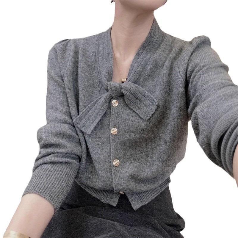 Bow Neckline Solid Color Knitted Sweater Autumn Large Size Fat MM Elegant Temperament Fashion Cardigan Long Sleeve Top