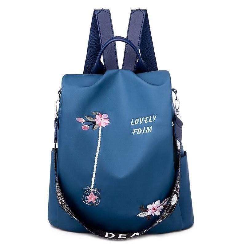 Floral Embroidered Double Backpack Large Capacity Women's Bag Oxford Fabric Blue Black Khaki