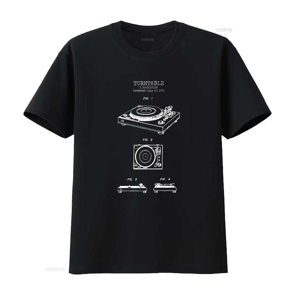 Retro Turntable Patent Print T Shirt Vintage Hip Hop Music Streetwear  vintage Washed homme Versatile Soft Casual
