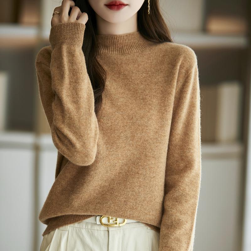 Women's Slimming Wool Sweater - Half High Neck, Long Sleeve, Loose Velvet Pullover, Versatile Knitwear for Autumn/Winter.
