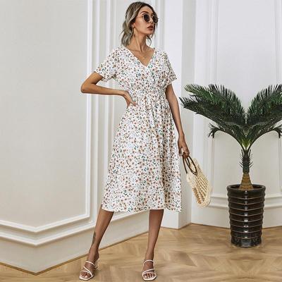 Summer Fall Floral Print Long Dress Women Casual V-neck Short Sleeve High Waist Slim S-XL