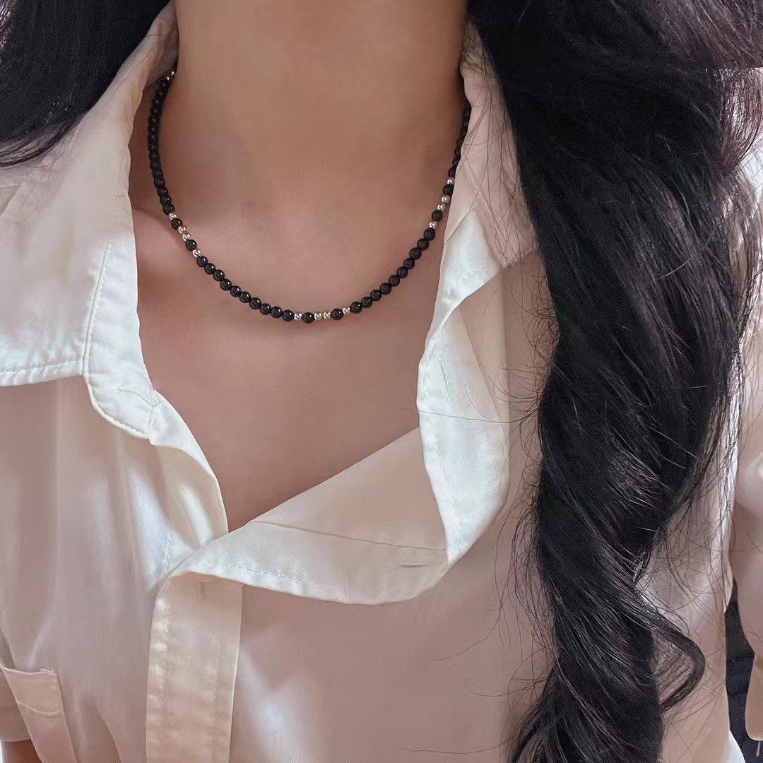 

Vintage High Quality Natural Black Agate Baby Beads Collarbone Chain Necklace