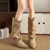 Fashion Khaki Faux Suede Mid Calf Boots for Women 2025 Fashion Pointed Toe Pleated Western Boots Woman Slip On Autumn Winter Booties