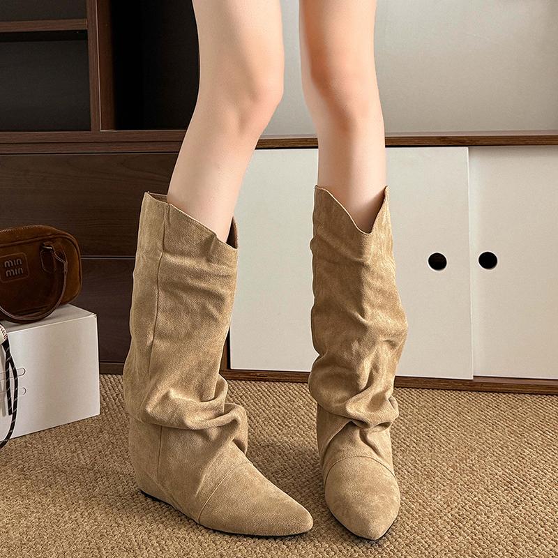 Fashion Khaki Faux Suede Mid Calf Boots for Women 2025 Fashion Pointed Toe Pleated Western Boots Woman Slip On Autumn Winter Booties