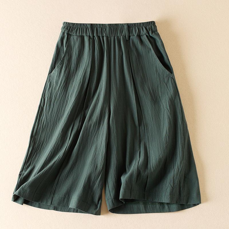 Real shot summer new cotton and linen high waist casual and thin solid color wide leg five-point medium pants women