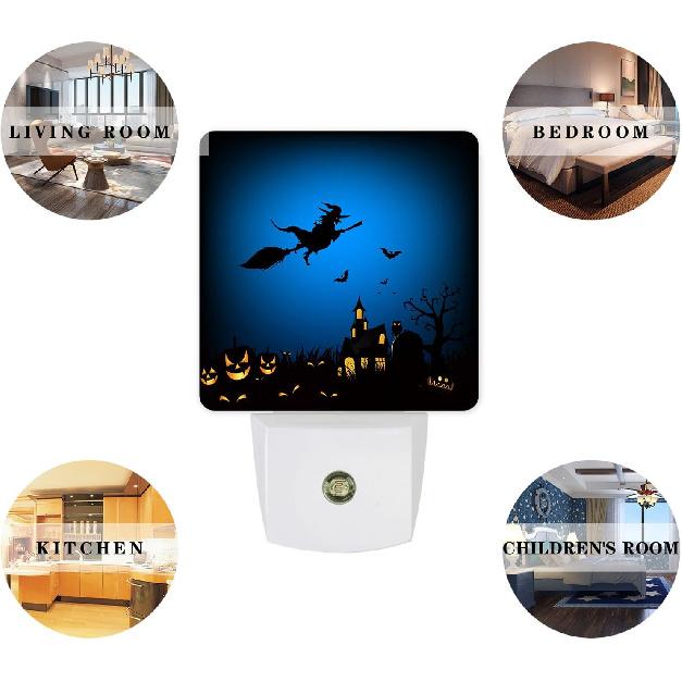 Castle and Witch Plug-in Night Light Auto Dusk to Dawn Orange Pumpkin Black Bats Halloween Night Lights Smart Sensor Led Nightlight Lamp for Bedroom