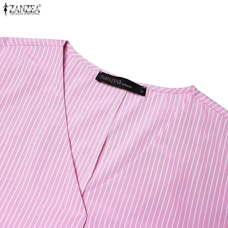ZANZEA Women Casual V-Neck 3/4 Sleeve Loose Stripe Blouse