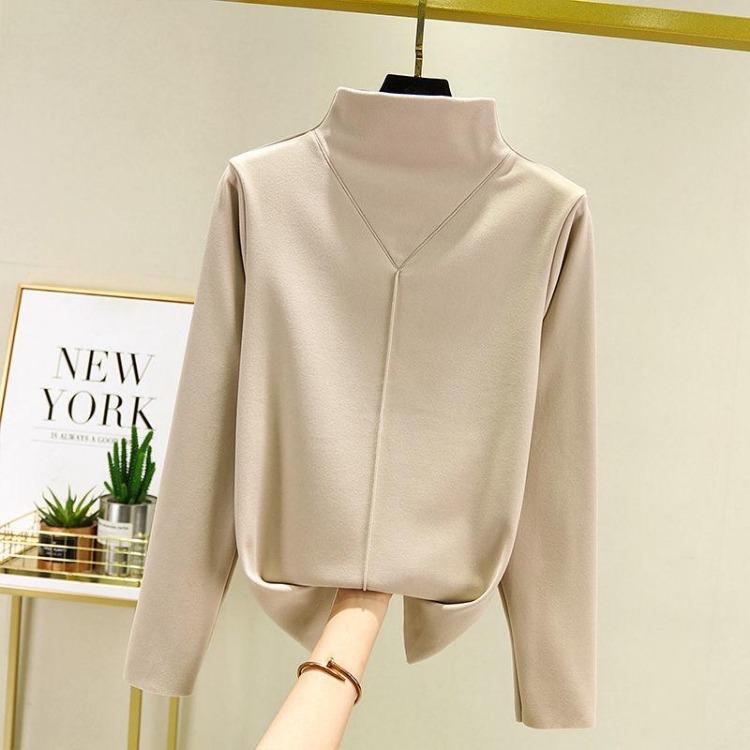 Long Sleeve Women Autumn Winter Slim Velvet Half High Collar Top