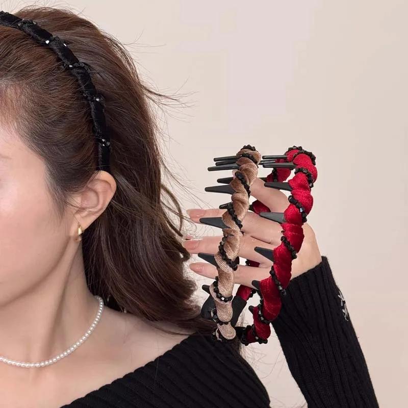Vintage Black Velvet Crystal Wave Top Hairband For Women Girls Fashion Sweet Anti-Slip Toothed Hairband Hair Accessories