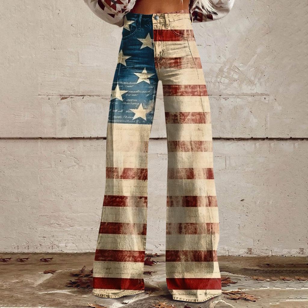 Wide Leg Flare Jeans For Women With Pockets Baggy Pants Vintage Floral Print High Waisted Loose Pant