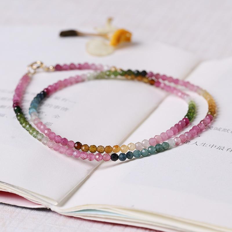 Gradient Ultra-Fine Natural Small Tourmaline Necklace for Women, Summer Collarbone Chain, Rainbow Choker, Colorful Crystal, New Chinese Style