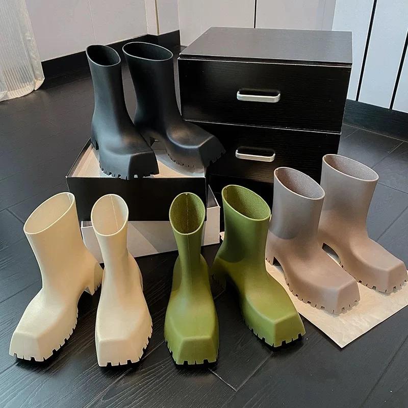 Fashion Bottes de Pluie de Luxe en Cuir Souple pour Femme, Bottines de Styliste, Imperméables, Confortables, à Plateforme