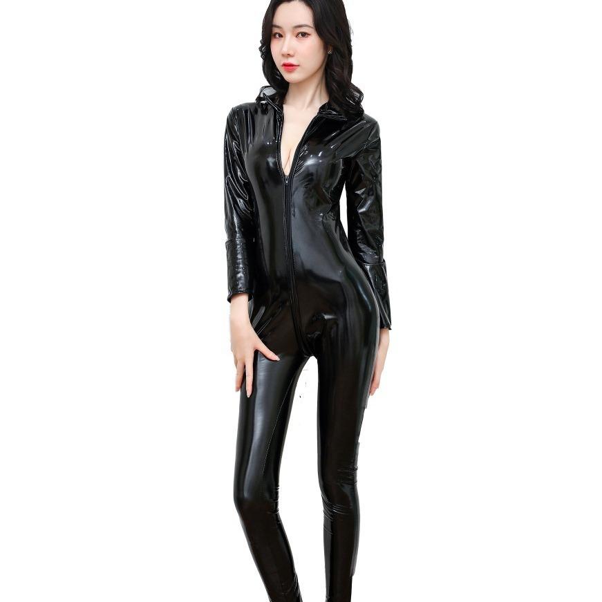 Sex Underwear Mirror Patent Leather Tights Temptation One-piece Leather Jacket Long Zipper Open Crotch No-take Nightclub Uniform