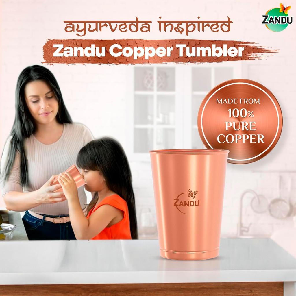 Zandu Pure Copper Water Tumbler Set 2 x 300 ml Eco Friendly BPA Free Reusable Drinking Cups For Home Kitchen Use