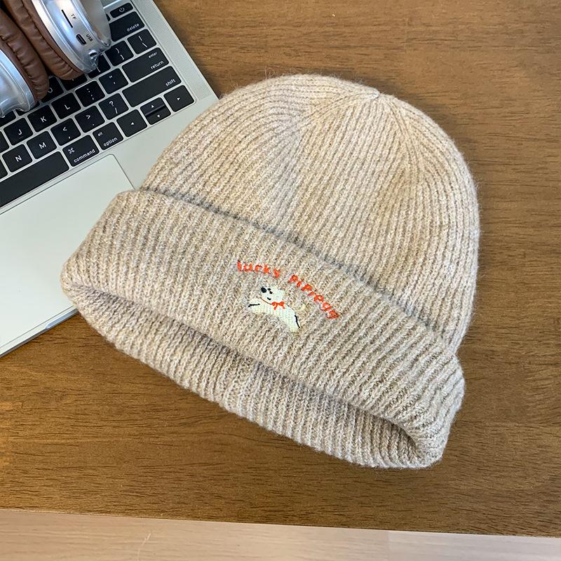 Cute Puppy Embroidered Knitted Wool Hat Children Autumn and Winter Versatile Big Head Circumference Showing Small Face Warm Bag Head Cold Hat